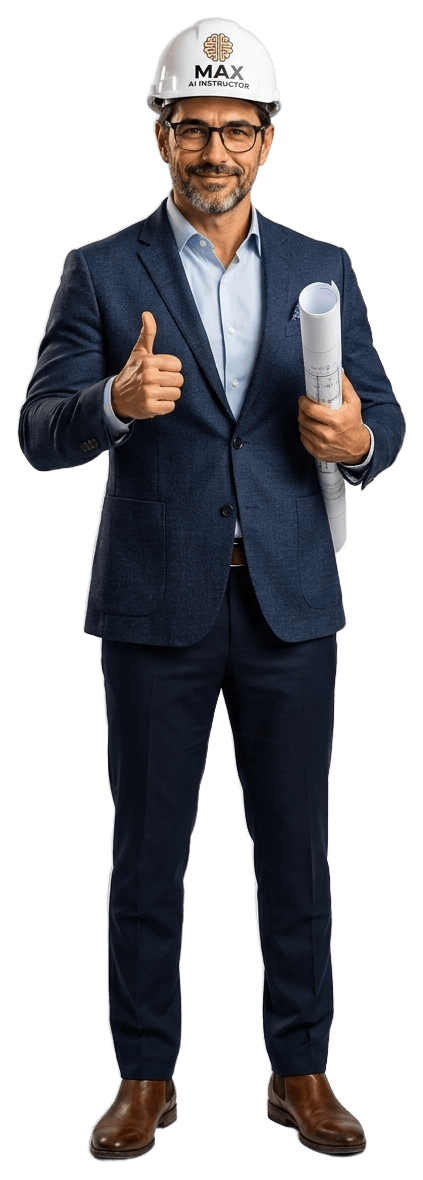 Max the AI Instructor, in a navy suit and white hard hat, giving a thumbs-up